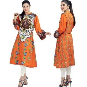Handmade floral kalamkari lace and gather printed orange flare dress kaftan L/XL